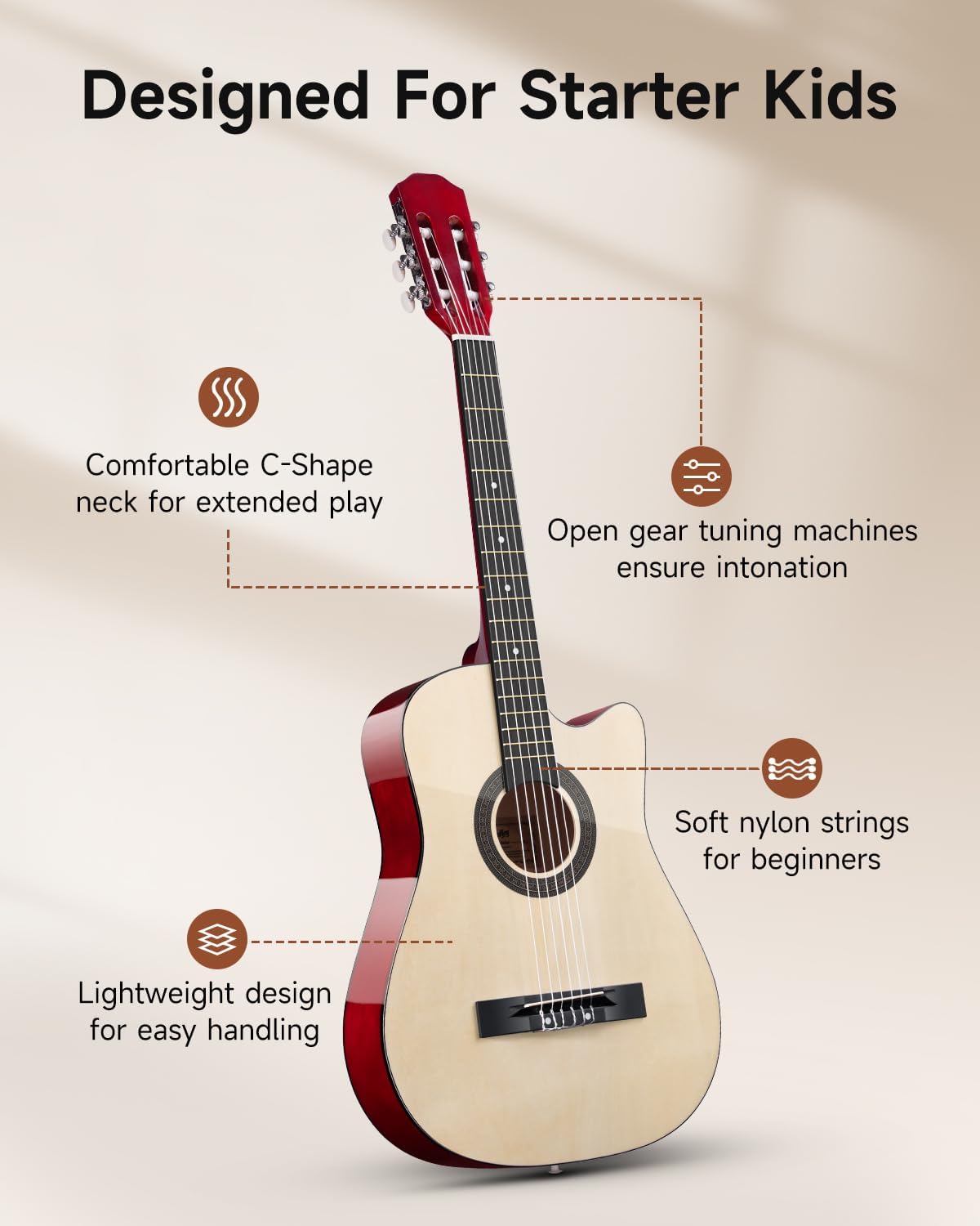 Moukey 38" Acoustic Guitar for Beginners Kids Youth Adult Cutaway Guitarra Acustica Kit with Chord Poster, Gig Bag, Tuner, Picks, Nylon Strings, Capo, Strap - Natural