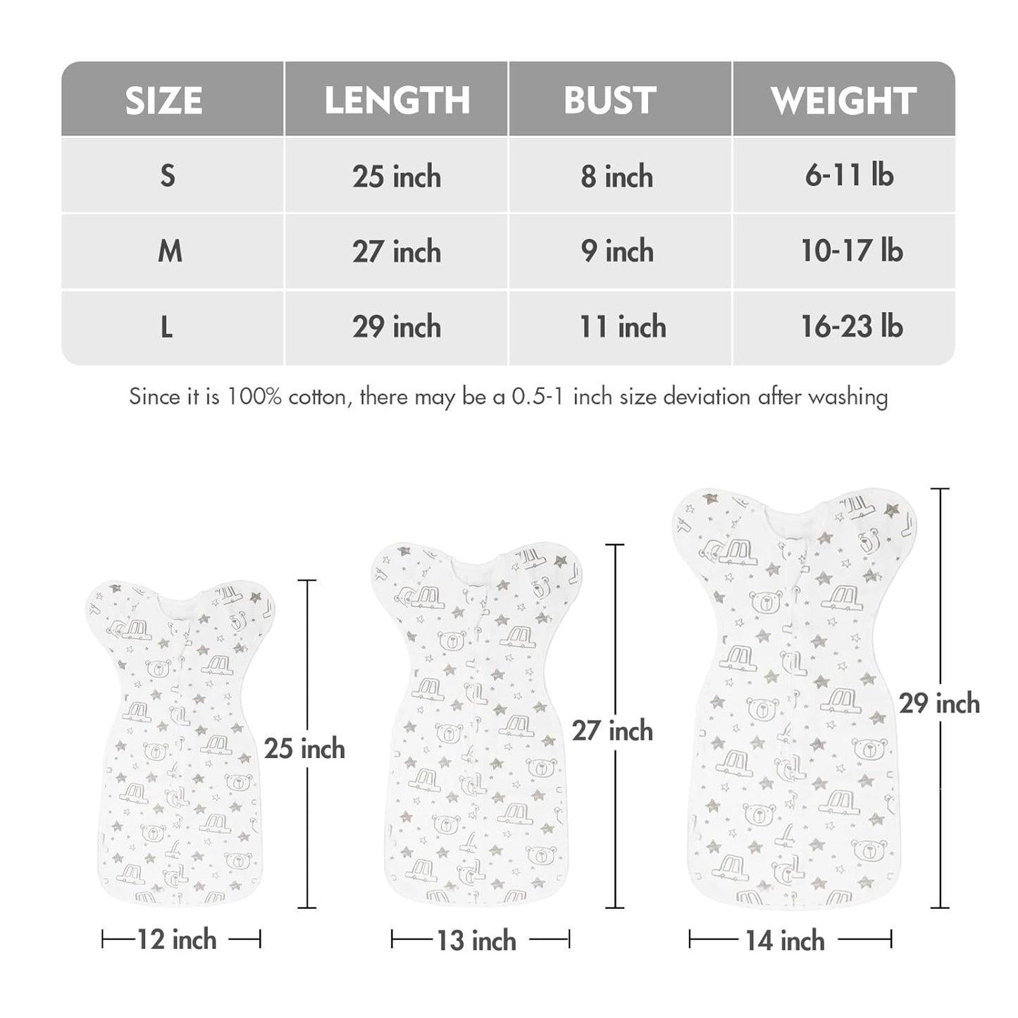 Baby Transition Swaddle Sack, Baby Swaddle Arms Up Transition Bag,Snug fit Calms Startle Reflex, Breathable Cotton Newborn Sack, 2-Way Zipper Cars & Bears (0-3 Month)