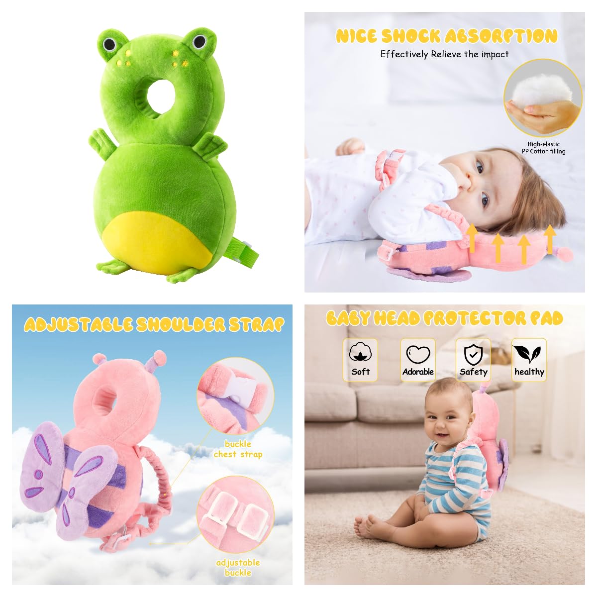 Baby Head Protection Backpack - Soft & Comfortable, Cute Cartoon Design (Q77-Frogs)