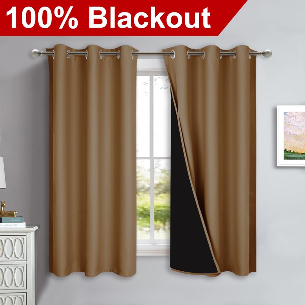 NICETOWN 100% Blackout Curtains 54 inches Long, Gold Brown, 1 Pair, 42 inches Width Each Panel, Double-Deck Completely Blackout Window Treatment Thermal Insulated Lined Drapes for Small Window