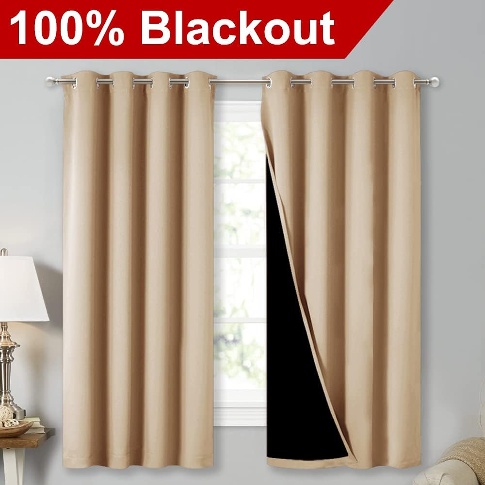 NICETOWN Extra Long Truly Blackout Drapes for Hall and Villa, 46" Width Each Panel, 45" Length, Biscotti Beige, 2 Pieces, 100% Blackout Window Curtain Panels with Black Lined for Night Shift Worker