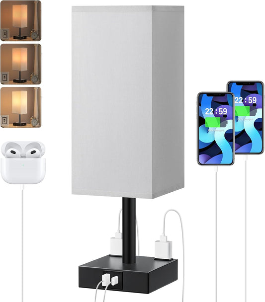 Touch Bedside Table Lamp For Nightstand - 3-Way Dimmable Night Lamp with USB A + Type C Charging Ports and two AC Outlets, Small Desk Light with E26 LED Bulb for Bedroom Living Room Office, Grey Black