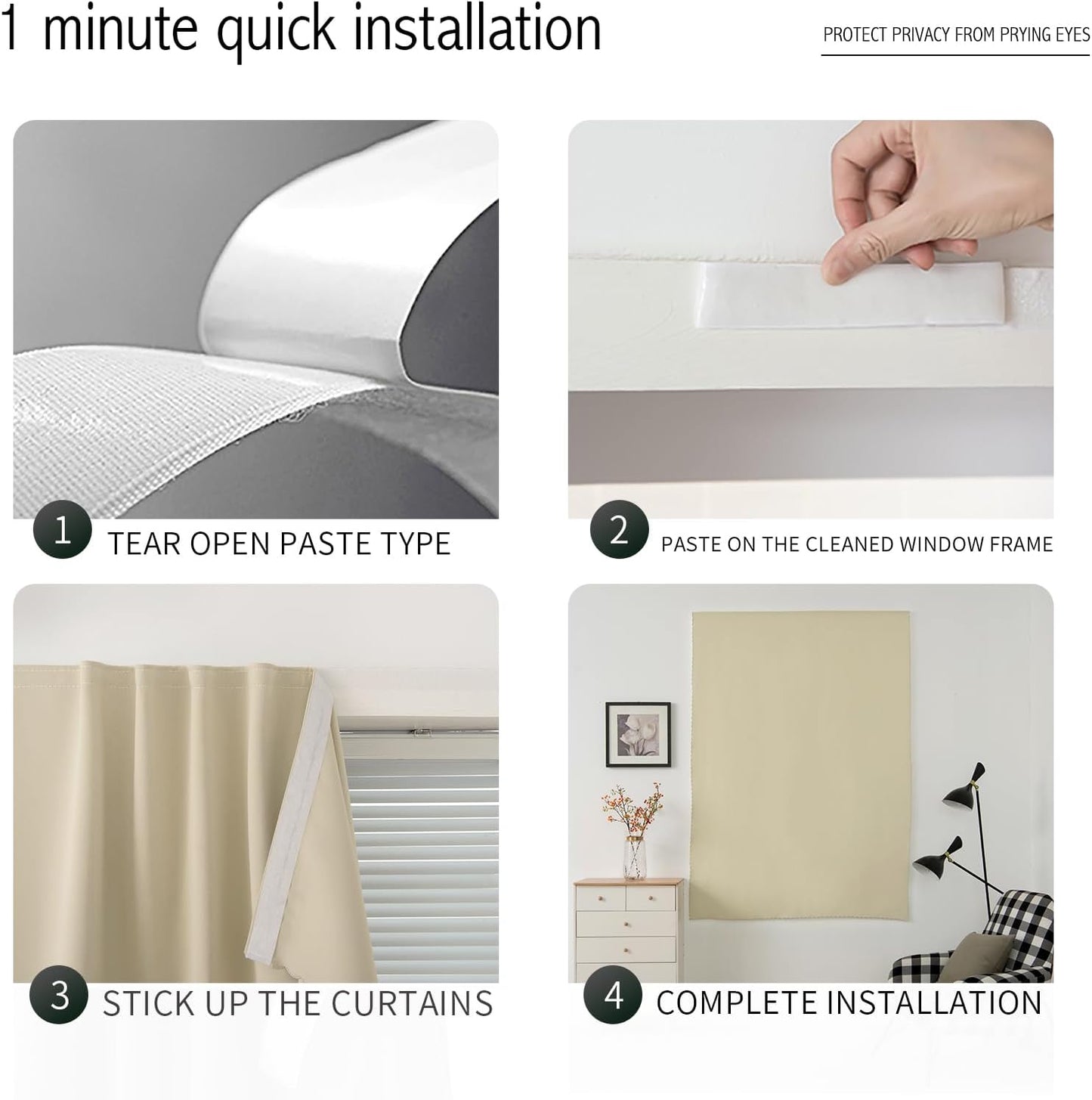 Self Adhesive Portable Blackout Curtains for Bedroom Easy to Install Window Thermal Lnsulated Kitchen Room Darkening Small Window Curtains, Cortinas Para Cuarto, 47"W X 79"L, Beige, 1 Panel