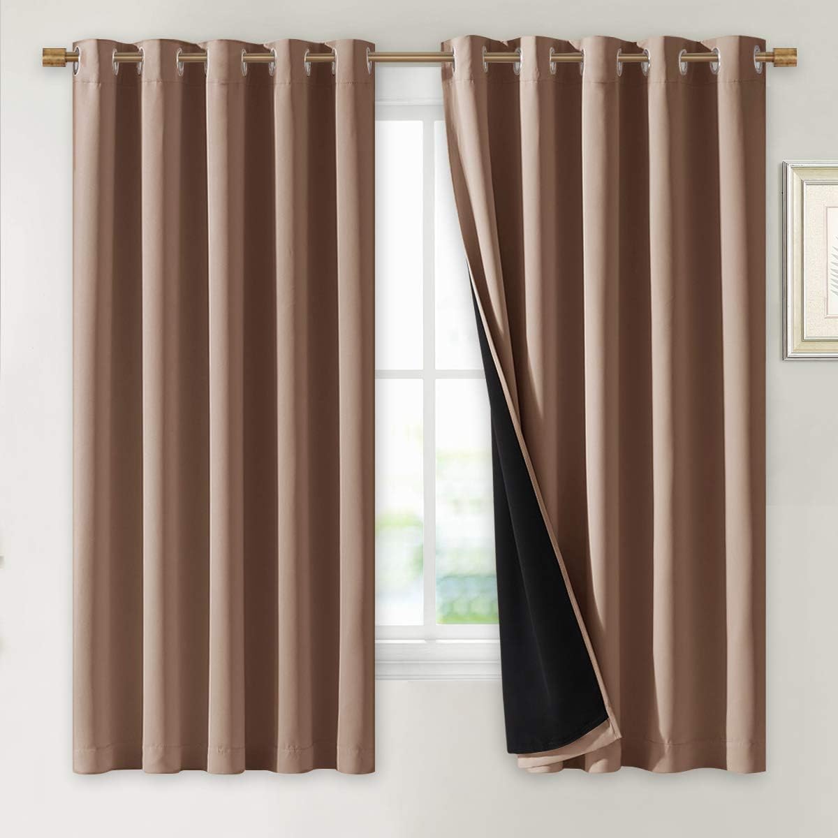 NICETOWN Total Blackout Panels for Nursery, Super Soft, Heavy Duty and Thick Window Treatment Curtains 63 inches Long with Black Lined for Basement, (1 Pair, Cappuccino, 70 inches Wide Each Panel)