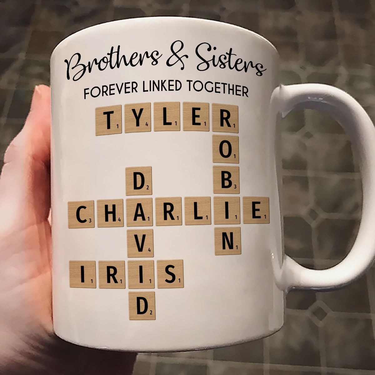 Family Forever Linked Together Custom Names Ceramic Mug, Crossword Puzzle Art, for Birthday, Anniversary or Special Occasions (Brothers & Sisters Forever Linked Together White Mug Ver 2)