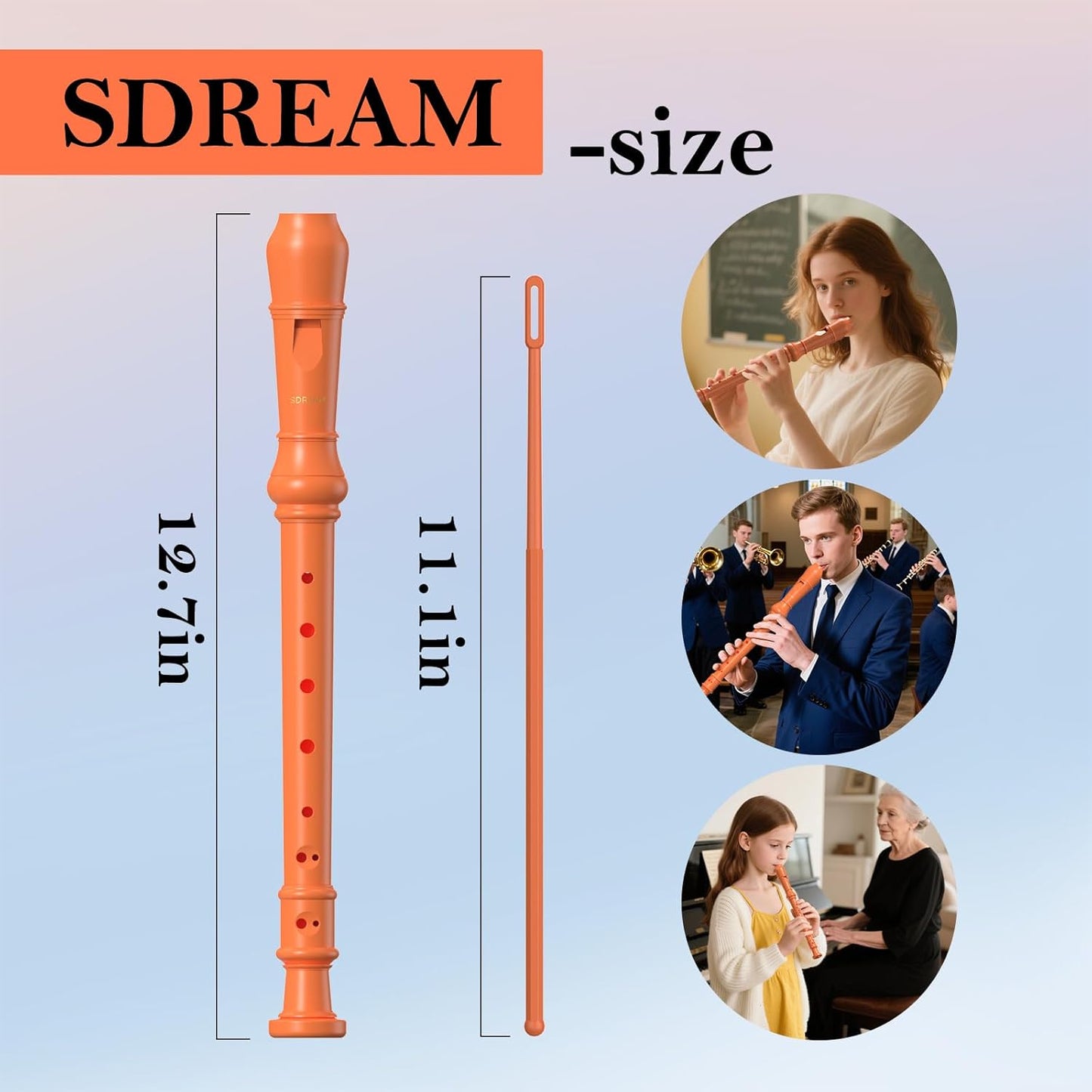 SDREAM Soprano Recorder Instrument for Kids and Adults - Beginner 8 Hole German Fingering Recorder Flute With Cleaning Rod, Packing Bag and Sheet Music (Orange)