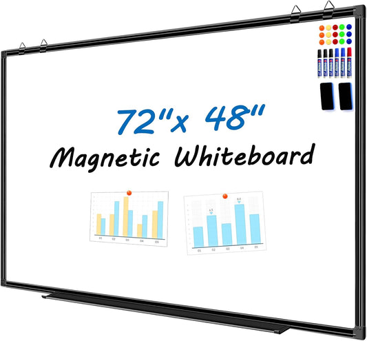 H-Qprobd 6'x4' Large Magnetic White Board Dry Erase Whiteboard with Black Aluminum Frame, 72"X48" Magnet Presentation Wall Boards for Office, Classroom, School, Home