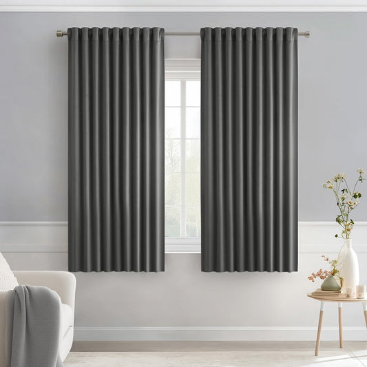MIULEE Grey Back Tab Blackout Curtains 63 Inch Length 2 Panels Set for Living Room Bedroom Privacy, Rod Pocket/Pinch Pleat Thermal Insulated Room Darkening Pleated Light Blocking Drapes