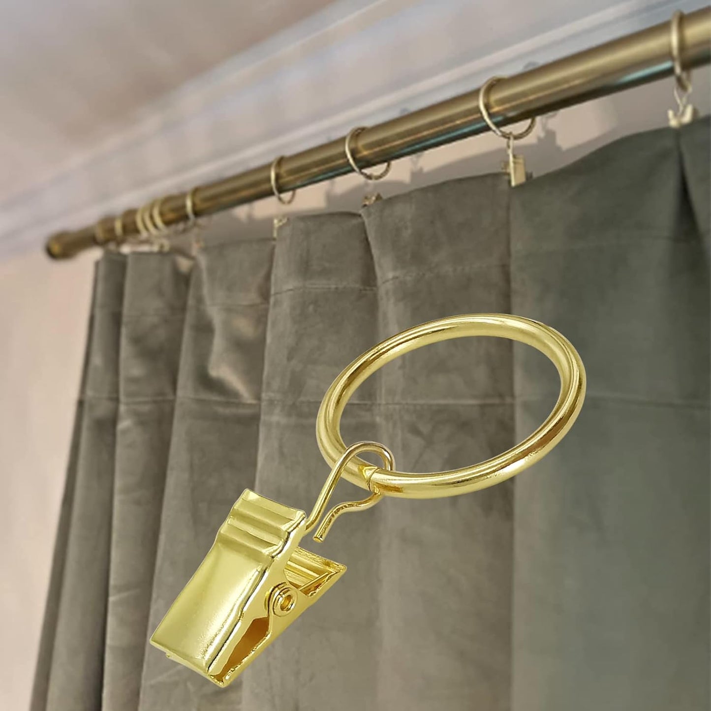 44 Pack Gold Curtain Rings with Clips, Curtain Hooks Hangers Clip Rings for Hanging Drapes Bows Hat, Drapery Rings 1 in I D, Fits up to 5/8 in Diameter Curtain Rod.