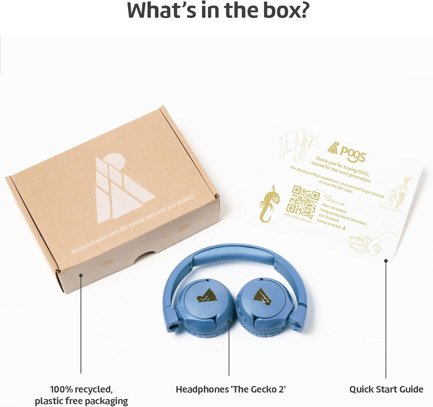 POGS Kids Bluetooth Wireless Headphones | The Gecko 2 | Foldable, Durable Headphones for Kids 3+ | Volume Limited 85 dB, Microphone | On-Ear | Wireless Music-Sharing Function (rBlue)