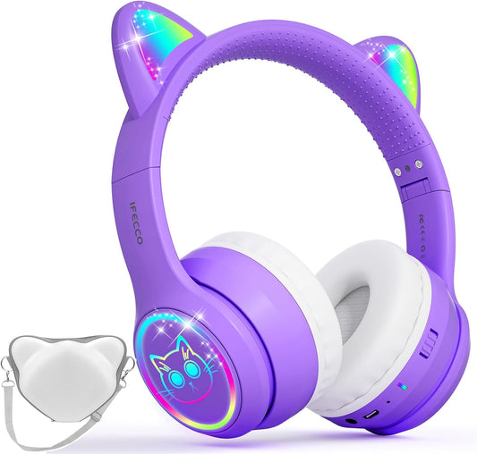 Kids Headphones with Microphone Light Up Cat Ear Bluetooth Wireless Headset Volume-limiting for Girls Boys for School Gifts with Case (Purple)