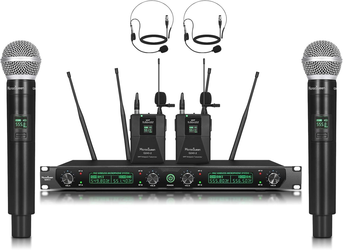 Wireless Microphone System, 4-Channel UHF Professional Mic, Auto Pairing Metal Cordless Mics with 2 Handheld & 2 Bodypack, 400ft Range, Ideal for Singing, Karaoke, Party, Wedding, Concert