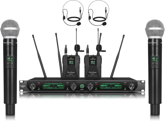 Wireless Microphone System, 4-Channel UHF Professional Mic, Auto Pairing Metal Cordless Mics with 2 Handheld & 2 Bodypack, 400ft Range, Ideal for Singing, Karaoke, Party, Wedding, Concert