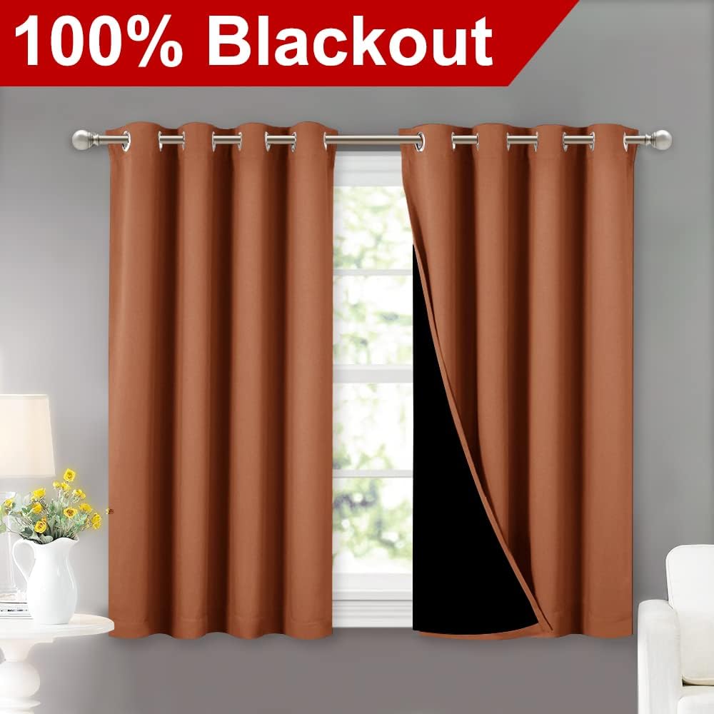 NICETOWN Burnt Orange 100% Blackout Curtains 45 inches Long, 2 Thick Layers Completely Blackout Window Treatment Thermal Insulated Lined Drapes for Small Window (1 Pair, 52 inches Width Each Panel)