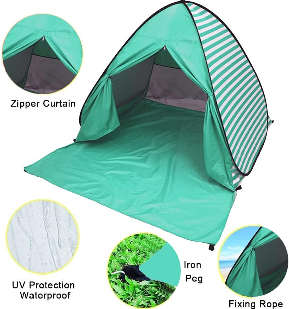Pop Up Beach Tent Shade Sun Shelter UPF 50+ Canopy Cabana 2-3 Person for Adults Baby Kids Outdoor Activities Camping Fishing Hiking Picnic Touring (Lake Green Stripes)