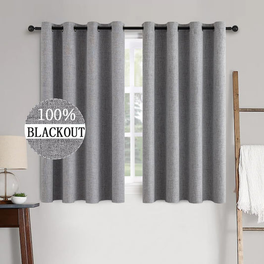 MIULEE Linen Texture Curtains for Bedroom Solid 100% Blackout Thermal Insulated Grey Curtains Grommet Room Darkening Drapes Luxury Decor for Living Room Nursery 52x54 Inch (2 Panels)