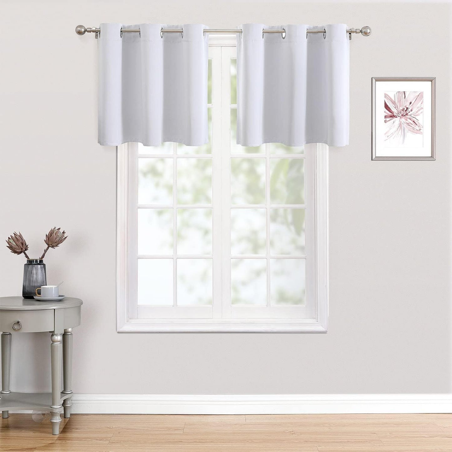 ChrisDowa Small Kitchen Valances for Windows - Grommet Short Thermal Insulated Room Darkening Window Valances Curtains for Living Room (2 Panels, Greyish White, 52 x 18 Inch)