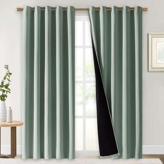 NICETOWN 100% Blackout Window Curtain Panels, Cold and Full Light Blocking Drapes with Black Liner for Nursery, 84" Drop Thermal Insulated Draperies (Greyish Green, 2 Pieces, 70" Wide Each Panel)