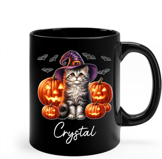 Personalized Halloween American Curl Ceramic Mug 11oz 15oz, Custom Name American Curl Wearing Witch Hat Coffee Cup, Cat with Pumpkins Halloween Black Cup, Spooky Cat Mug Gift for Pet Lover