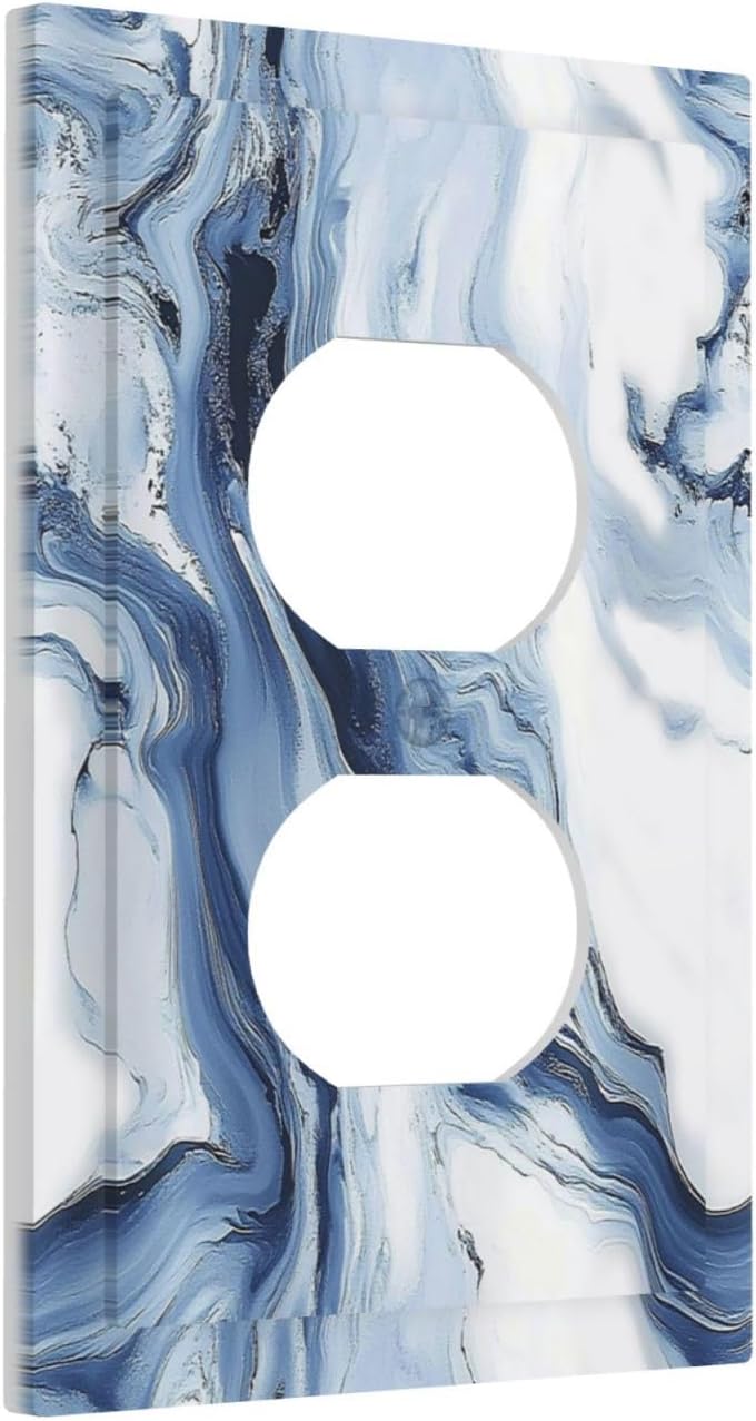 Outlet Covers White Marble Navy Blue Line Fluid 1 Gang Duplex Light Switch Cover Decorative Switch Plates Electrical Receptacle Faceplate Wall Plate For Bathroom Kitchen Decor