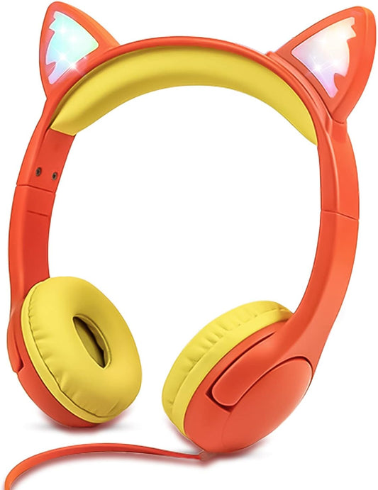 Olyre Kids Headphones Children Girls Boys Teens with LED Light Up and Sharing Port, Adjustable On Ear 3.5mm Jack Compatible School Cellphones Computer MP3/4 Tablets/E-Readers - Orange/Yellow