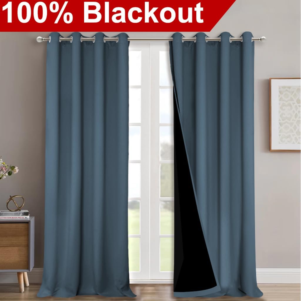 NICETOWN Full Shading Curtains for Windows, Smoky Blue, Pack of 2, 52 inches W x 95 inches L, Super Heavy-Duty Black Lined Blackout Curtains for Bedroom, Privacy Assured Window Treatment