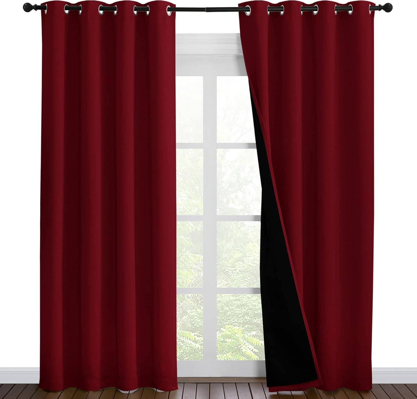NICETOWN 100% Blackout Curtains with Black Liner Backing, Thermal Insulated Curtains for Living Room, Noise Reducing Drapes for Christmas, Burgundy Red, 55 inches x 86 inches Per Panel, Set of 2