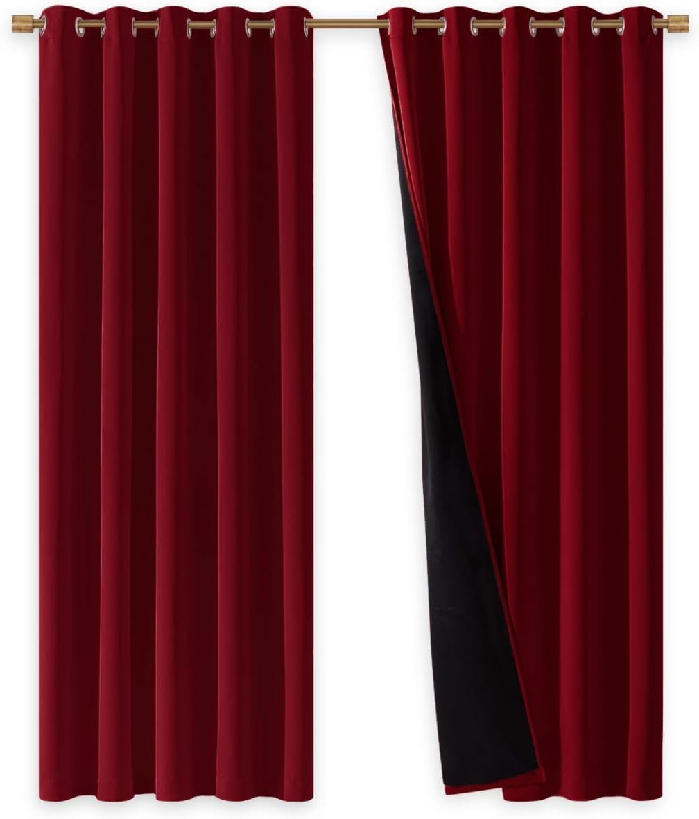 NICETOWN 100% Blackout Curtains with Black Liner Backing, Thermal Insulated Curtains for Living Room, Noise Reducing Drapes for Christmas, Burgundy Red, 70 inches x 84 inches Per Panel, Set of 2