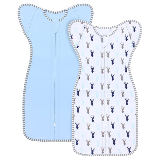 Transition Swaddle Baby Sleep Sack 0-3 Months Arms up Swaddles 2-Way Zipper 100% Cotton Arms in/out, 0.8 Tog Baby Swaddles for Newborn Boy Girl, 2-Pack Transitional Swaddle Sack (Small 5-14lbs)