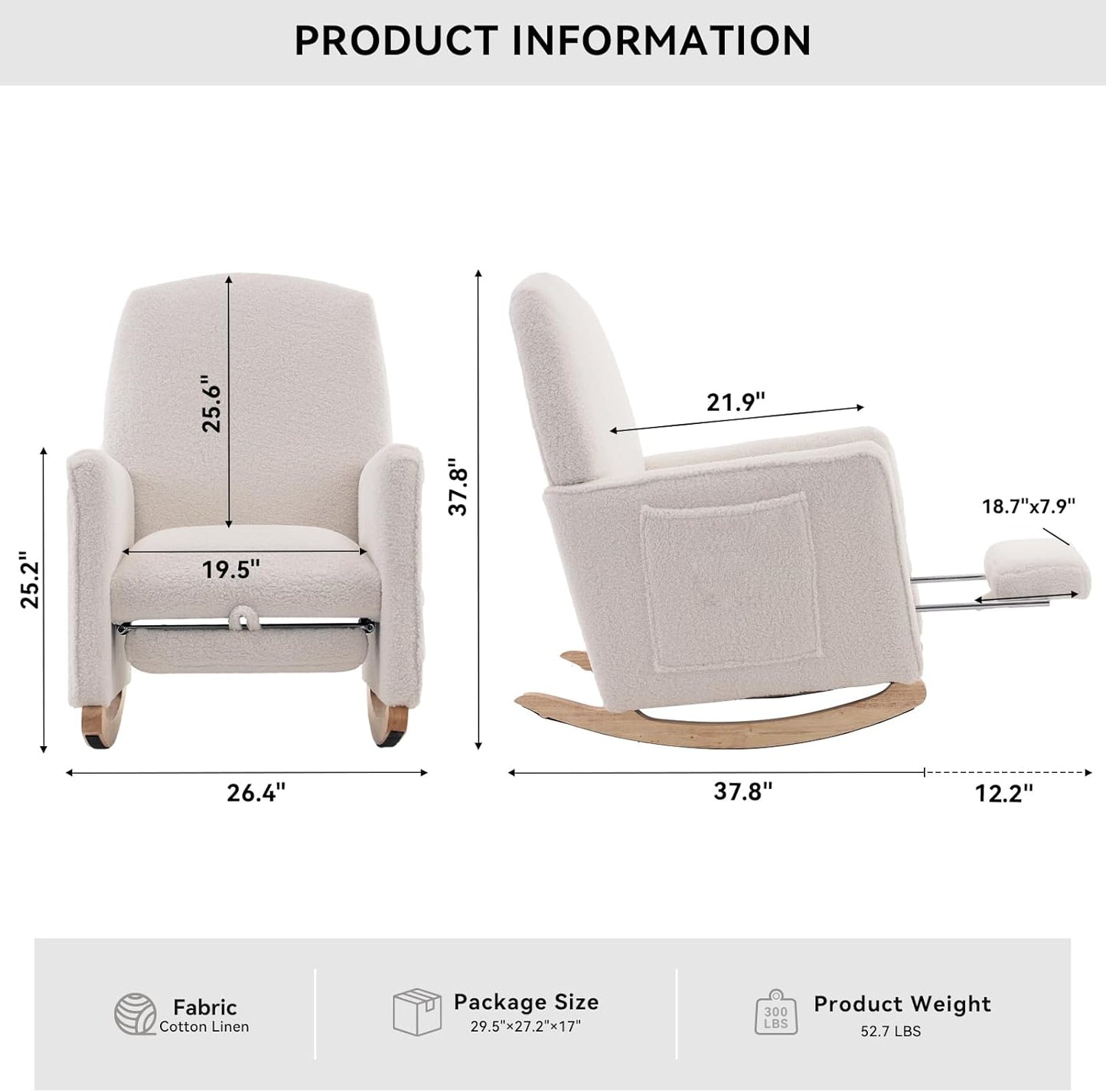 FOXHUNTER Rocking Chair Nursery with Adjustable Footrest and High Backrest, Upholstered Glider Chairs with Side Pockets for Nursery, Rocker Armchair Indoor for Living Room,White