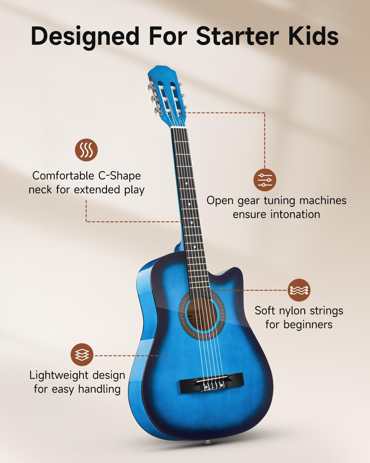Moukey 38" Acoustic Guitar for Beginners Kids Youth Adult Cutaway Guitarra Acustica Kit with Chord Poster, Gig Bag, Tuner, Picks, Nylon Strings, Capo, Strap - Blue