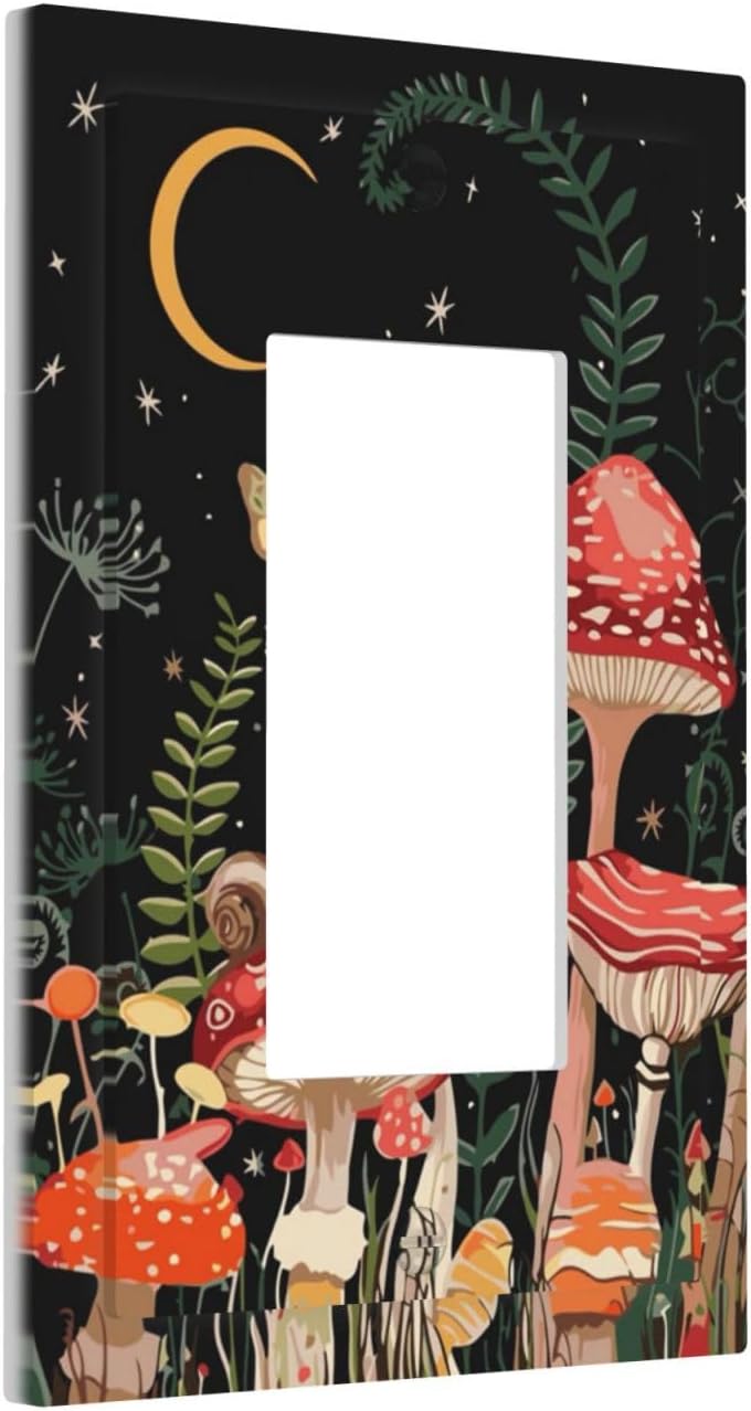 Moon Star Red Mushroom Forest Butterfly Green Plant Decorative Outlet Covers 1 Gang Single Rocker Light Switch Cover Plate Wall Plates GFCI Faceplate for Kids Room Home Decor