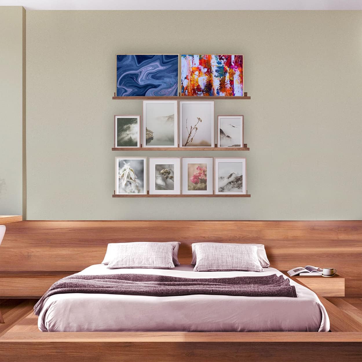 36 Inch Picture Ledge Shelf Rustic Wall Mount Light Walnut Long Narrow Picture Shelves Storage for Books Toys Music Albums Green Plants-Photo Ledge Shelf Set of 3 Mounting Hardware Include