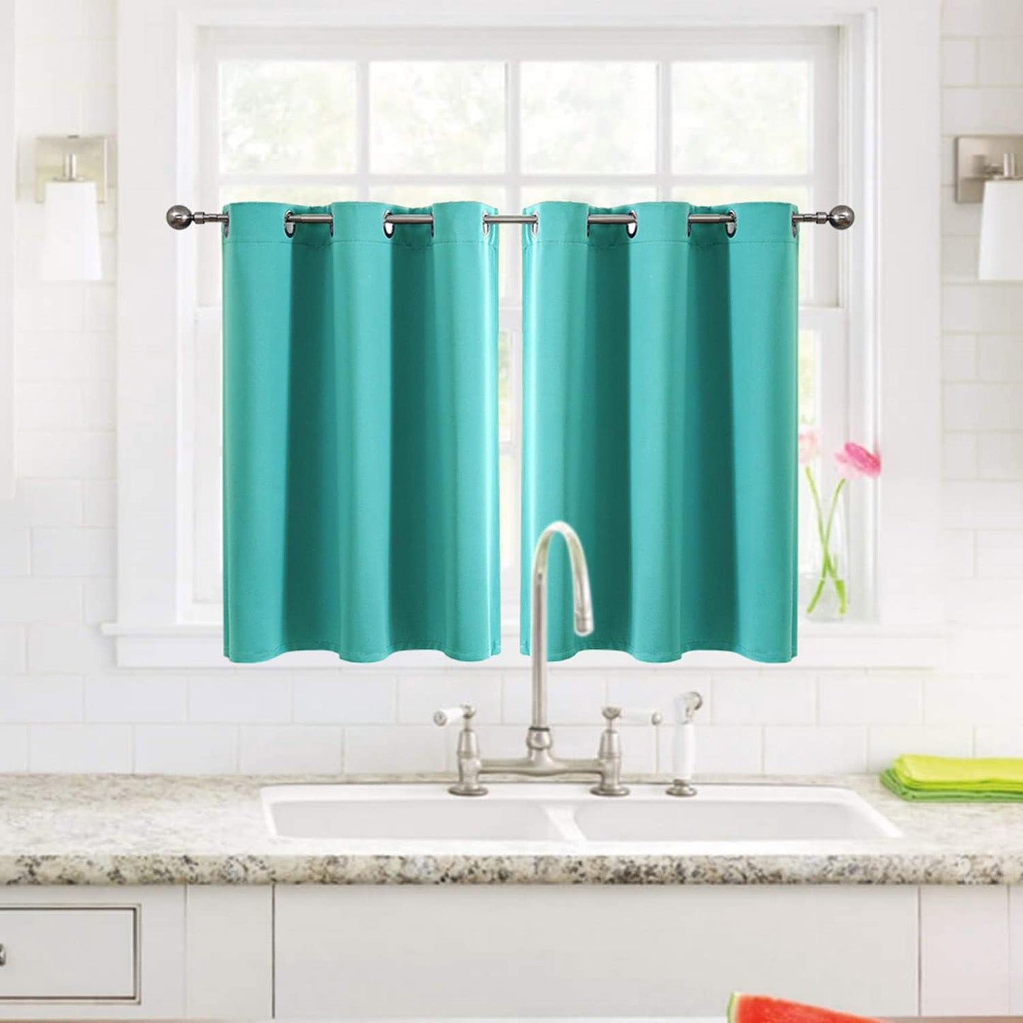 ChrisDowa Small Window Curtains for Kitchen and Bedroom - Grommet Short Thermal Insulated Room Darkening Curtains (2 Panels, Teal, 42 x 36 Inch)