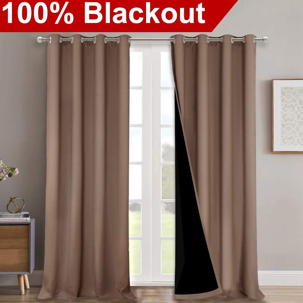 NICETOWN Cold Reducing Curtains, Complete Blackout Shades for Large Windows, 100% Blackout Window Curtain Panels with Black Lined, 52 inches Width Each Panel, 95 inches Length, Cappuccino, 2 Pieces