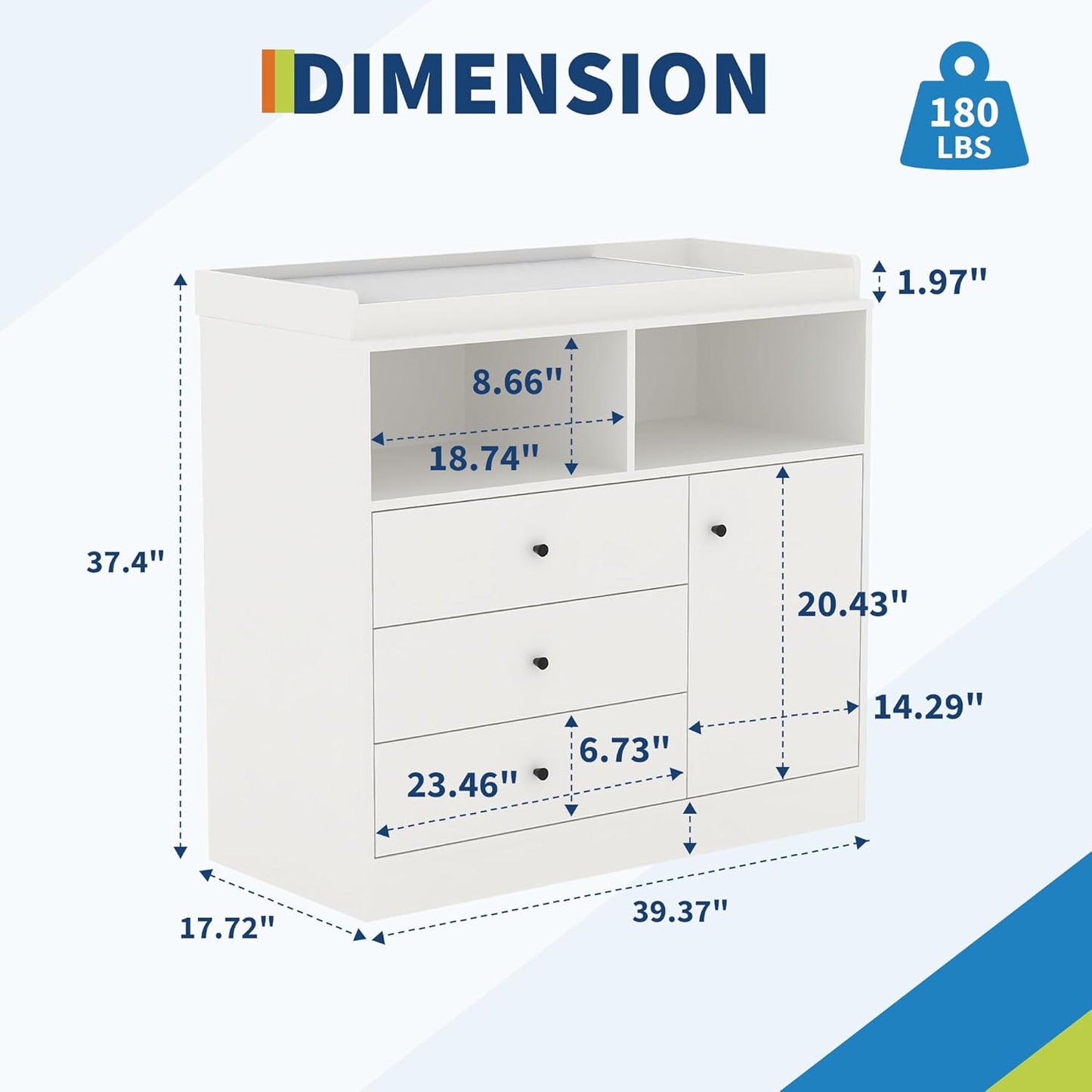 Nursery Dresser with Changing Table Top - Tall Wooden Diaper Changing Station with 2 Open Shelves, 3 Drawers, and 1 Cabinet, Ideal for Children's Room, White