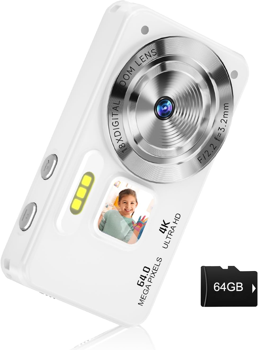 Digital Camera, Autofocus 4K 64MP Point and Shoot Digital Cameras for Teens with 64GB Card, 18X Zoom Anti-Shake Compact Video Camera for Student Kids Boys Girls Beginner - White