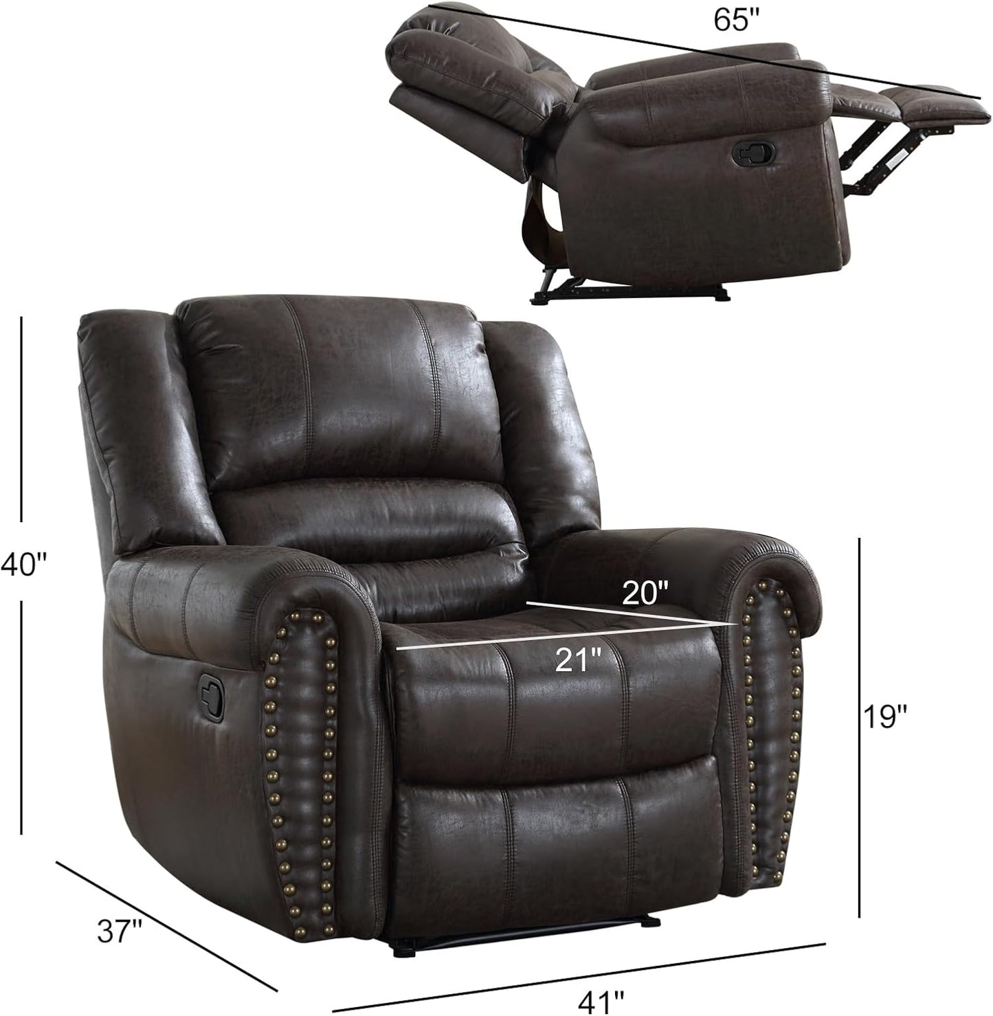 CANMOV Leather Recliner Chair, Classic and Traditional Manual Recliner Chair with Comfortable Arms and Back Single Sofa for Living Room, Dark Grey