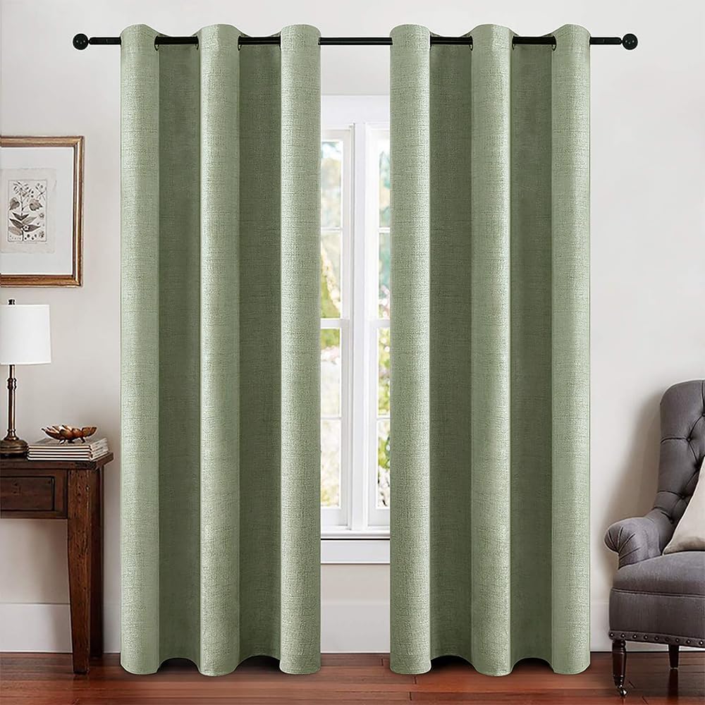 MIULEE Linen Blackout Curtains and Drapes 100% Room Darken Thermal Insulated Grommet Window Panels with Coating 2 PCs W 42 x L 84 inches Sage Green