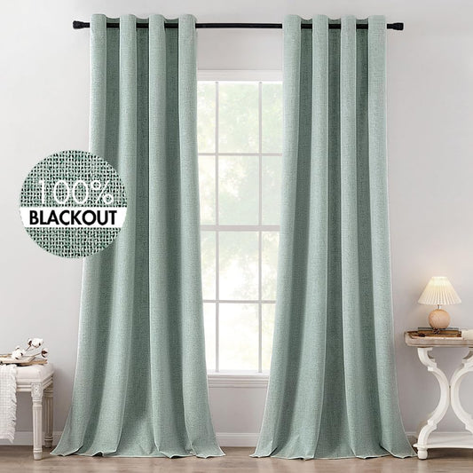 MIULEE Linen Texture Curtains for Bedroom Solid 100% Blackout Thermal Insulated Seafoam Green Curtains Grommet Room Darkening Curtains/Draperies for Living Room Nursery 52x120 Inch (2 Panels)