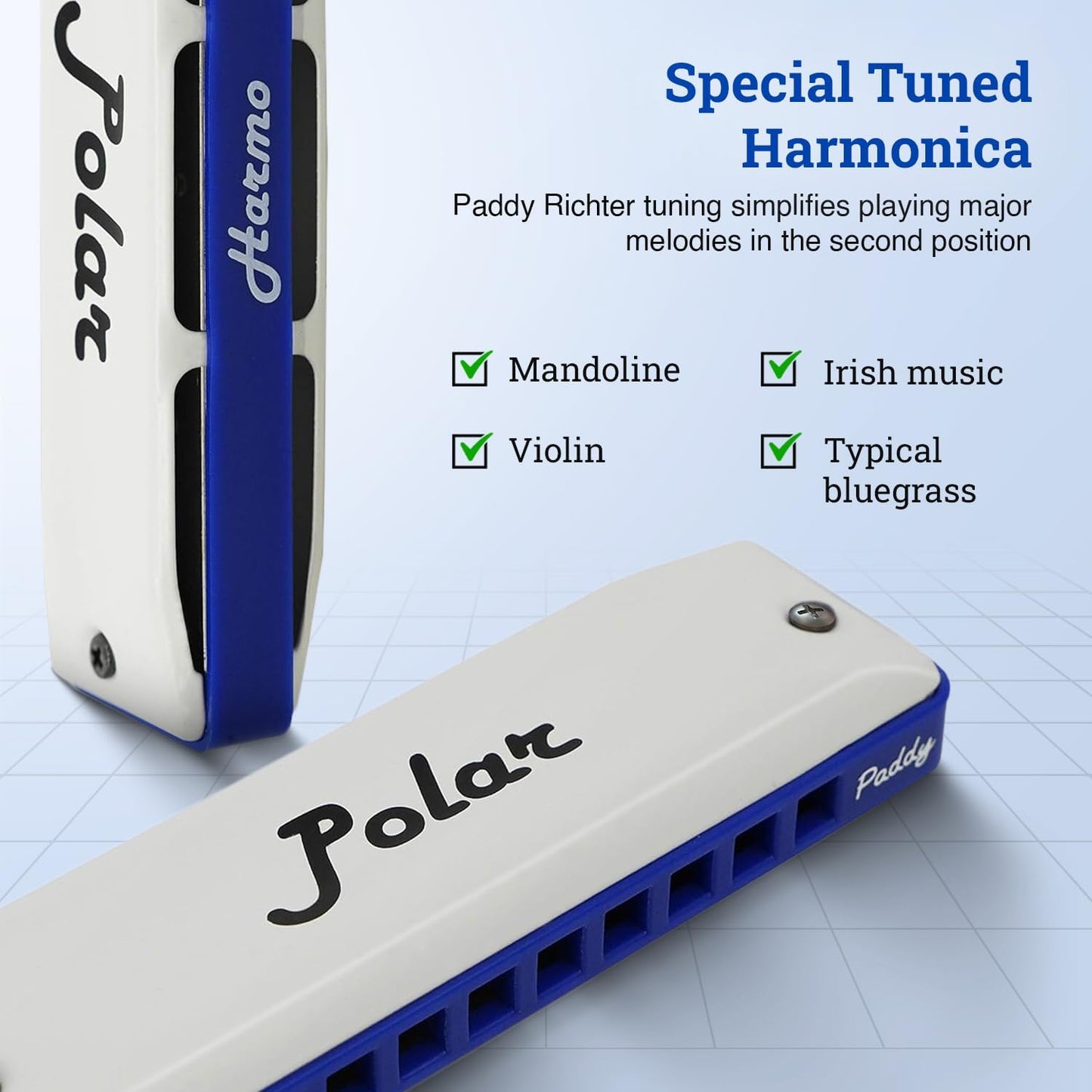 Harmo Polar Diatonic Harmonica Key of A, Paddy Richter Tuning - Specialized for Irish, Bluegrass, Celtic, and Folk Music, Mouth Organ With Case, Harmonica for Kids, Adults, Beginners & Professionals