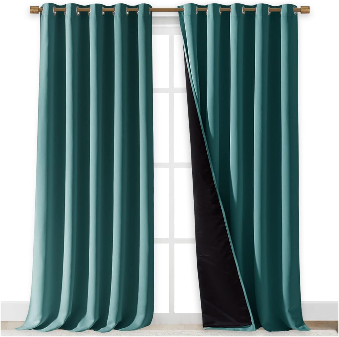 NICETOWN Total Shade Curtains and Draperies, Sea Teal, Package of 2, 62 inches Wide x 95 inches, LongHeavy-Duty Full Light Shading Drapes with Black Liner Backing for Villa/Hall/Dorm Window