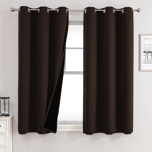 ChrisDowa 100% Blackout Curtains for Bedroom with Black Liner, 2 Thick Layers Total Blackout Thermal Insulated Grommet Window Curtains 2 Panels Set (Brown, 42 x 63 Inch)