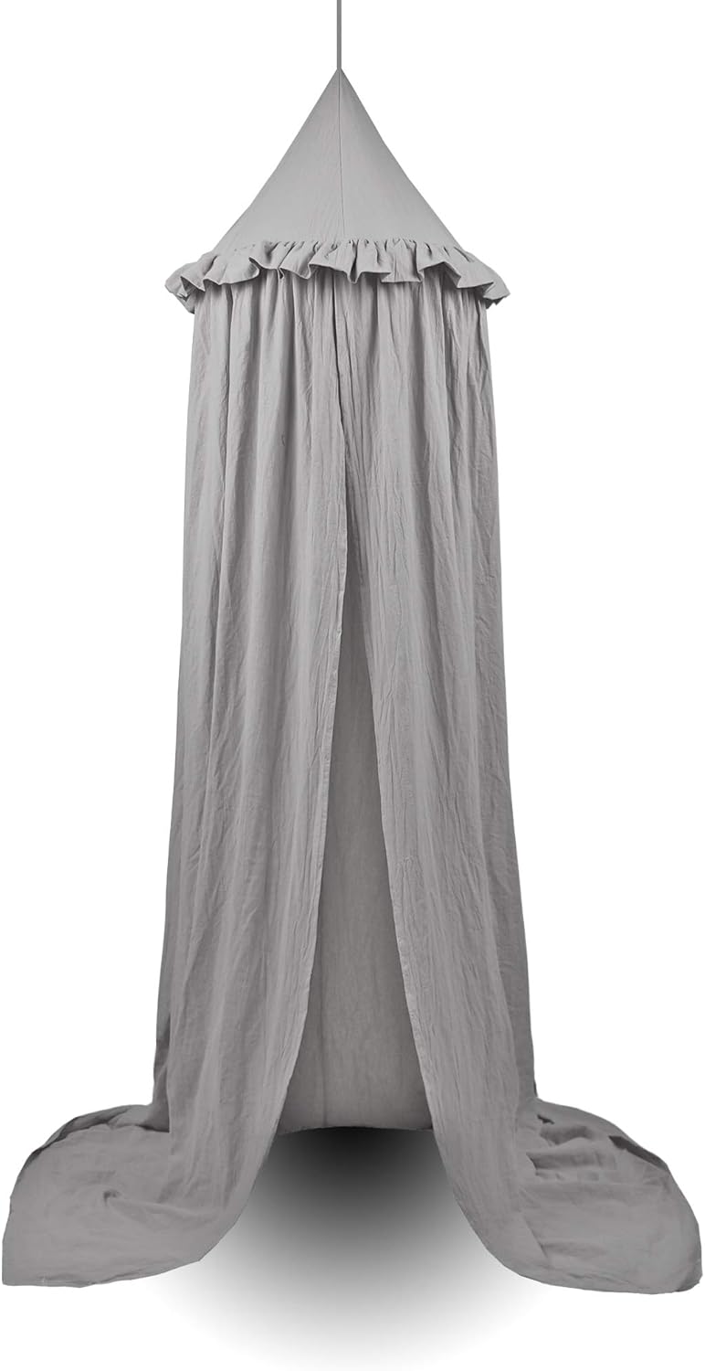 Kids Bed Canopy with Frills Cotton Cover Net for Crib Reading Nook Curtain Hideaway Hanging Round Tent Nursery Bedding Play Room Decor