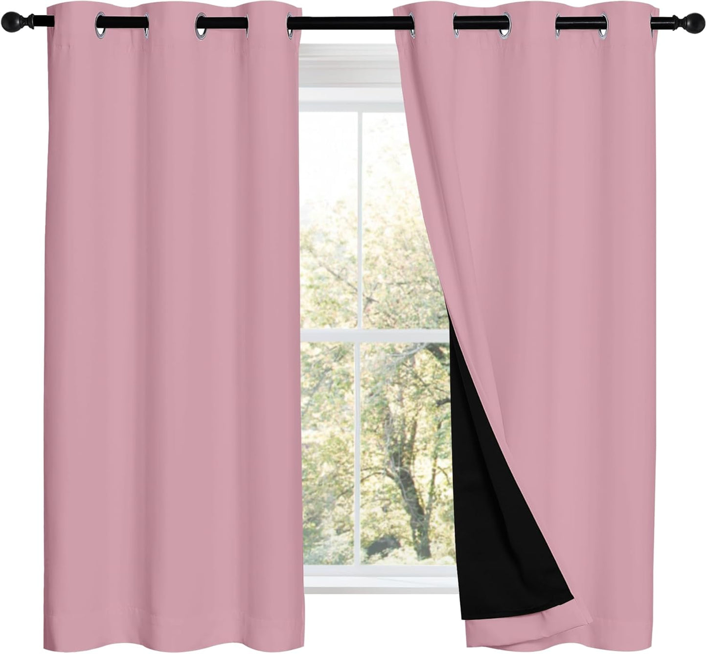 NICETOWN 100% Blackout Short Curtains with Black Liners, 2 Panels, 37" W by 50" L, Crystal Pink, Thermal Insulated Full Blackout 2-Layer Lined Drapes, Energy Efficiency Window Draperies for Bedroom