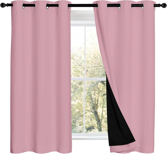 NICETOWN 100% Blackout Short Curtains with Black Liners, 2 Panels, 37" W by 50" L, Crystal Pink, Thermal Insulated Full Blackout 2-Layer Lined Drapes, Energy Efficiency Window Draperies for Bedroom
