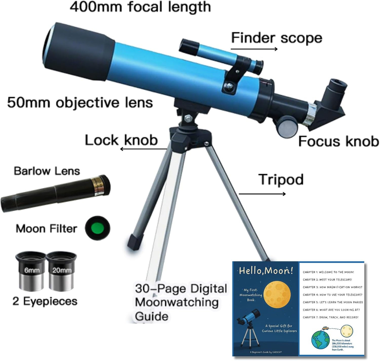 Telescope for Kids 50mm 100x Magnification Beginner Telescopio with Tripod, 2 Eyepieces & Finder Scope, STEM Educational Gift for Boys & Girls Ages 6-12, Portable Kids Telescope for Astronomy