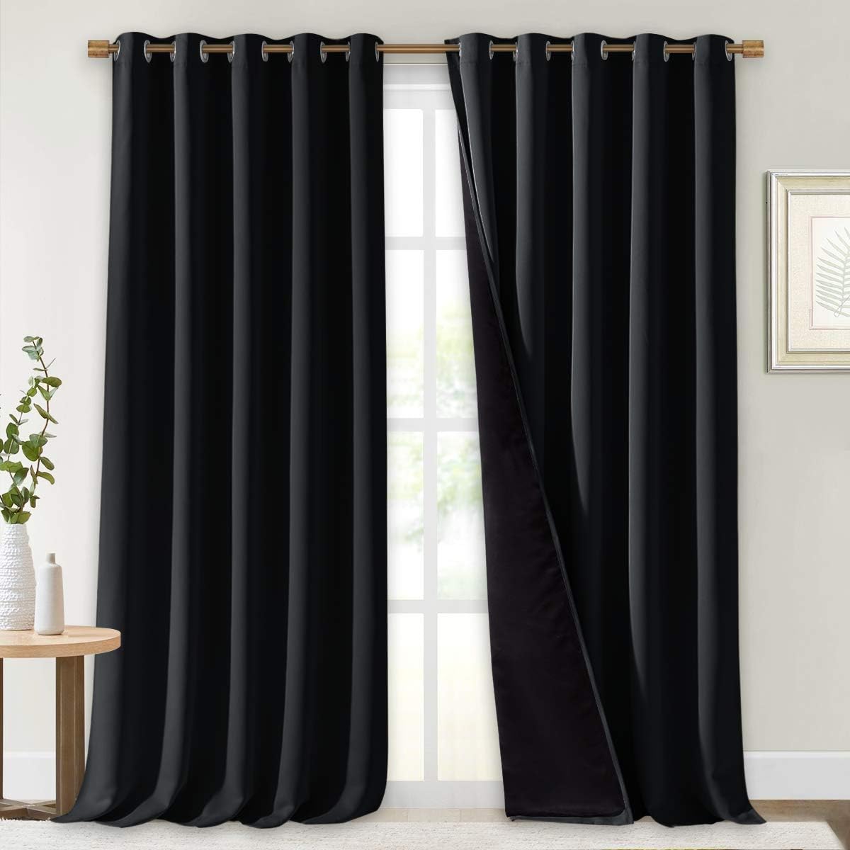 NICETOWN Cold Blocking 100% Blackout Curtains, Durable Black Lined Blackout Curtains for Bedroom, Energy Saving Long Curtains for Patio Sliding Glass Door, Black, 70 inches x 95 inches, 2 Panels