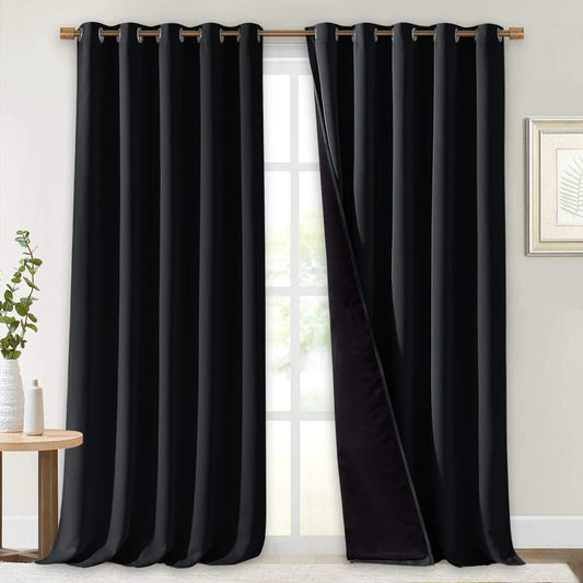 NICETOWN Cold Blocking 100% Blackout Curtains, Durable Black Lined Blackout Curtains for Bedroom, Energy Saving Long Curtains for Patio Sliding Glass Door, Black, 70 inches x 95 inches, 2 Panels