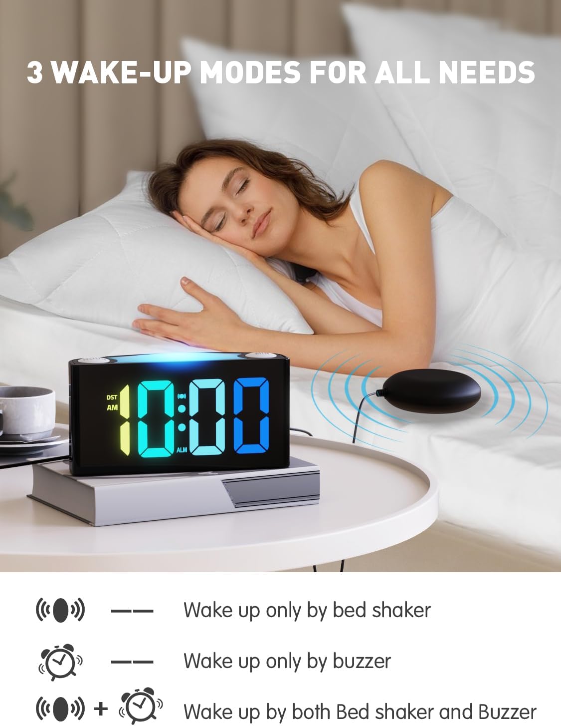 PPLEE RGB Vibrating Alarm Clock for Bedroom-Digital Clock with Bed Shaker,Super Loud Alarm Clock for Heavy Sleeper Hearing Impaired Deaf,Large Big Numbers for Senior,USB&Type-C,Dimmable,Battery Backup